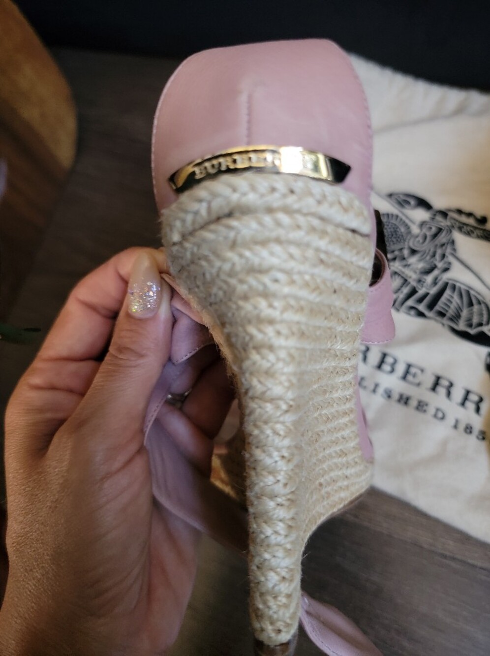 Burberry Blush Pink Leather Espadrille Wedge Sandals - Picture 5 of 7